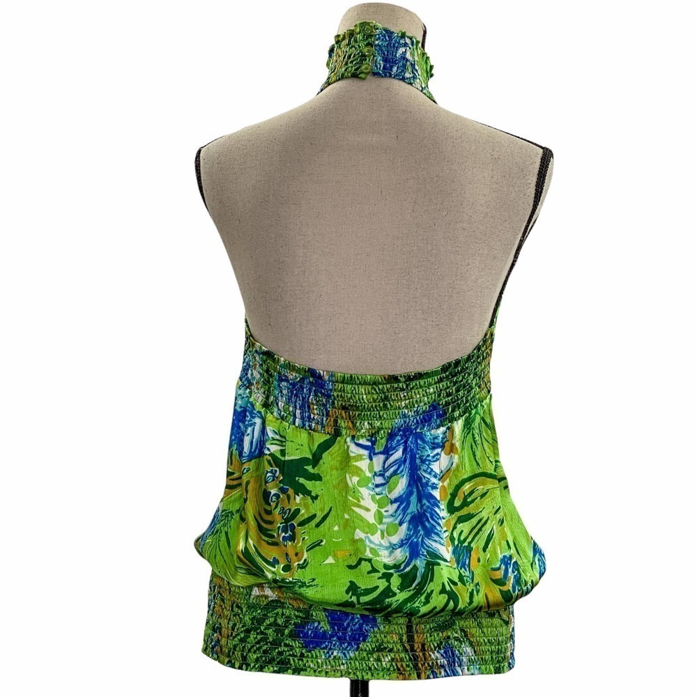 COTTON Express Green Blue Floral Print Open Back Halter Sleeveless Blouse - Picture 5 of 11